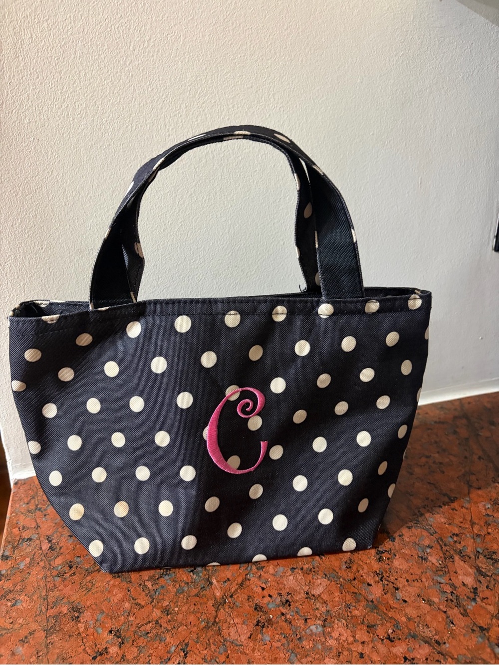 Polka Dot Black Lunch Bag with Pink Monogram